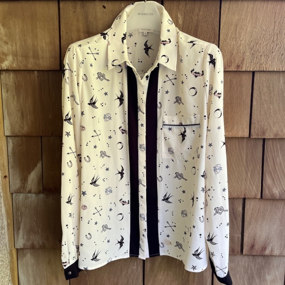 River Island Love Hearts Bierds Print Blouse 18( L ) Contrast Trim Long Sleeves - Picture 3 of 16